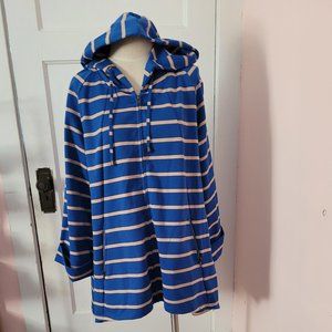 For Cynthia Blue and Tan Stripe Hooded High Low Jacket. Size XL